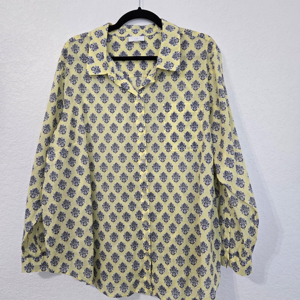 J. Jill Womens XL Yellow Blue Floral Long Sleeve Button Down Shirt